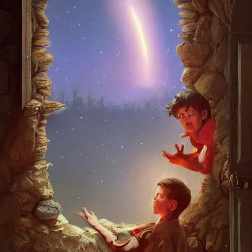 Prompt: and many others, including myself and my older brother, Sam, will be ablecanon of michael whelan, trending on artstation, vivid and vivid a boy looks outside his bedroom window to see the beautiful cosmos, trending