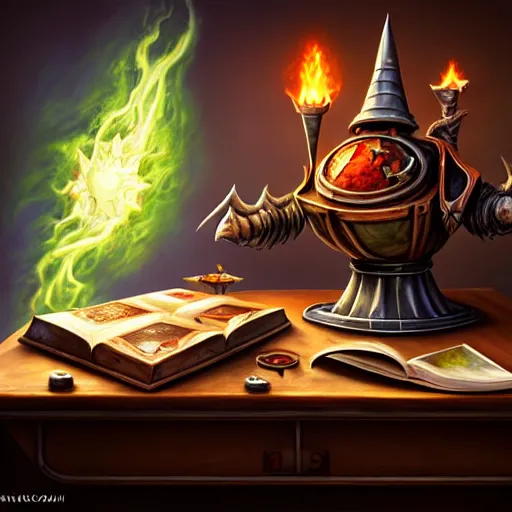 Image similar to photorealistic, table, wizards laboratory, mortar, pestle, scales, magic book, tony sart,