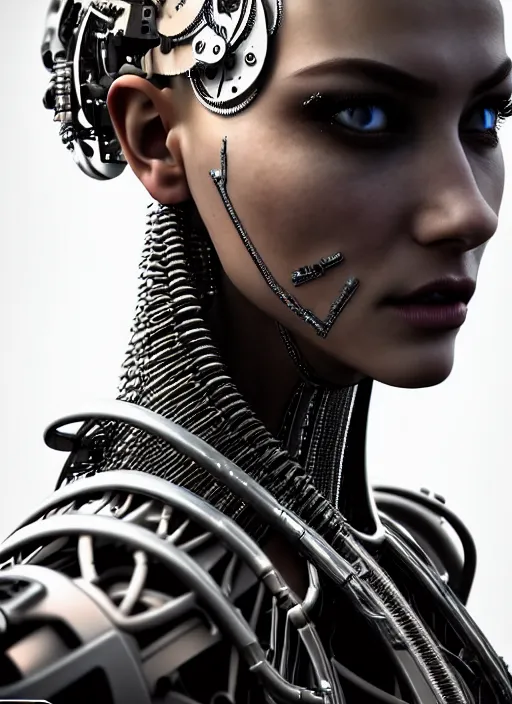 Prompt: a stunning young female cyborg profile face, face is made intricate tribal bio - mechanical, unreal engine, glamor shot, nikon d 7 5 0, closeup, f / 2. 8, low contrast, 1 6 k, rim lighting, optical fiber, cinematic lighting, insanely detailed and intricate, hypermaximalist, elegant, ornate, hyper realistic,