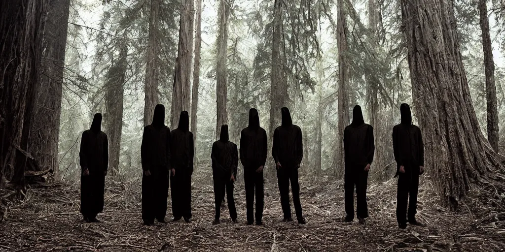 Prompt: a photograph of several tall dark evil figures in the deep California woods in the style of Alex Stoddard