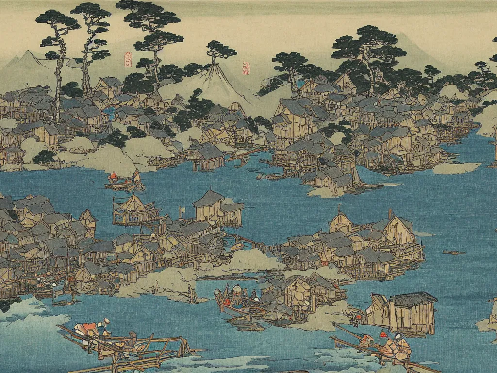 Image similar to traditional painting of an ancient fishing village by hokusai