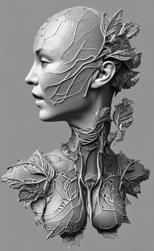 Image similar to [ [ [ tintype ] ] ] 3 d render of a beautiful porcelain profile woman face, vegetal dragon cyborg, rim light, silver gold details, magnolia leaves and stems, roots, fine lace, mandelbot fractal, anatomical, elegant, ultra detailed, white metallic armour, octane render, black and white, h. r. giger style