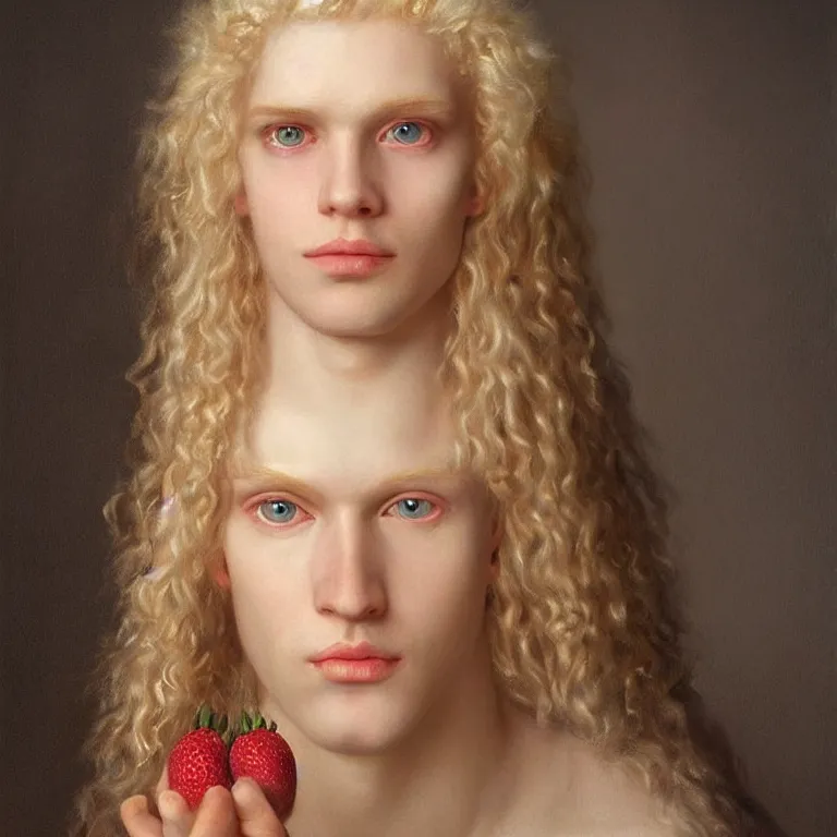 Prompt: a striking hyper real painting of Lucius the pretty pale androgynous albino blond prince, golden hour, beautiful delicate smile soft pink lips and lavender eyes, long fluffy curly light blond hair, STRAWBERRY BLOND, by Jan Matejko