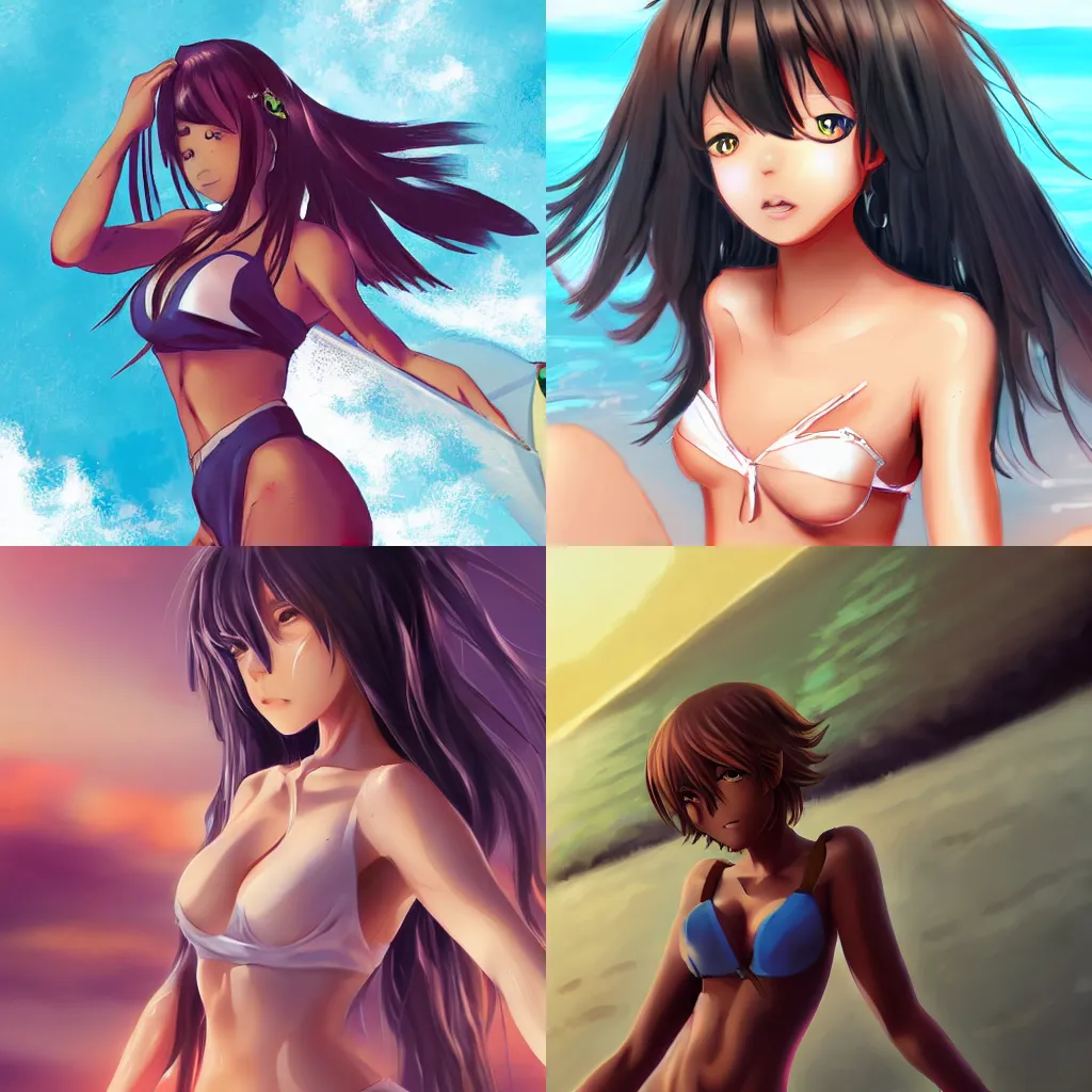 Prompt: dark skin surfer girl, anime, WLOP