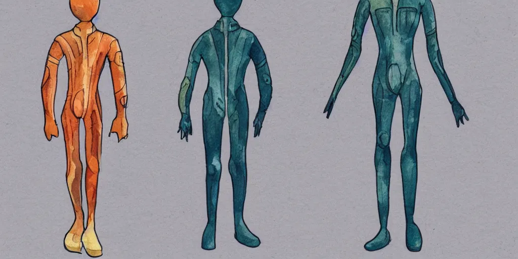 Prompt: male, elongated figure, space suit, sketch, large shoulders, short torso, long thin legs, tiny feet, character sheet, very stylized, illustration, watercolor shading,