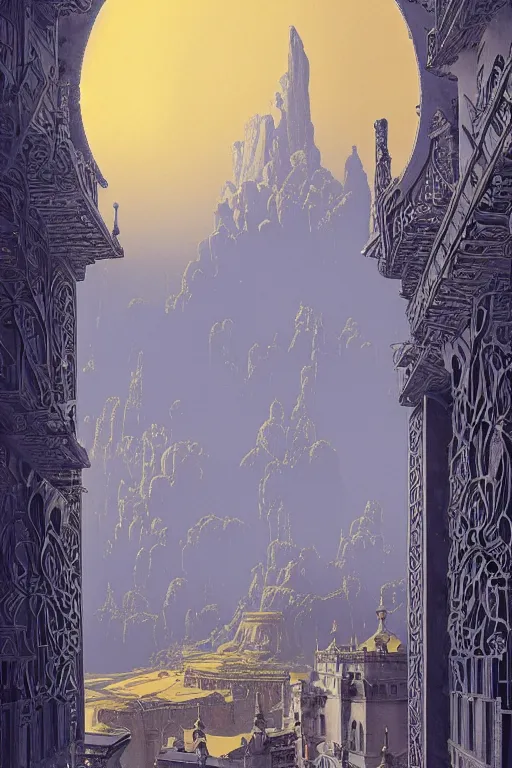 Image similar to ancient silver tower of the moon, distance view, fairytale illustration, elaborate carved latticed balconies, tall windows, moorish architecture, formal gardens, dramatic cinematic lighting, soft colors, golden age illustrator, unreal engine, by Andreas Rocha and Ludwig Deutsch and (Maxfield Parrish and Nicholas Roerich)