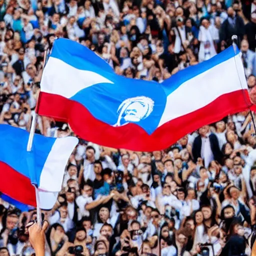 Image similar to Lady Gaga as president, Argentina presidential rally, Argentine flags behind, bokeh, giving a speech, detailed face, Argentina