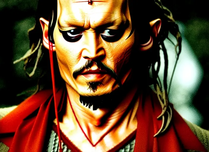 Image similar to filmstill johnny depp the - lord - of - the - rings, 1 0 0 mm lens, canon eos, red cinema camera, frontal view, dynamic pose, intricate, elegant, highly detailed, centered, redshift, octane, smooth, sharp focus, zeiss lens,