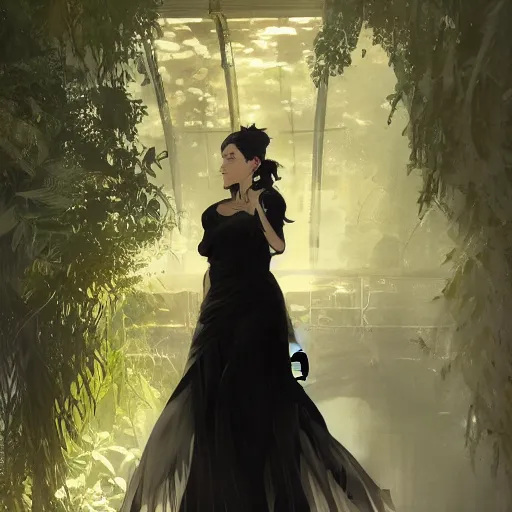 Image similar to portrait of a woman in a black dress standing in an elegant greenhouse garden, dramatic lighting, illustration by greg rutkowski, yoji shinkawa, 4 k, digital art, concept art, trending on artstation