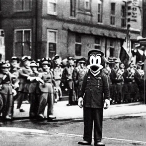 Image similar to historic colorized photograph of donald duck at a nazi parade in 1 9 3 6