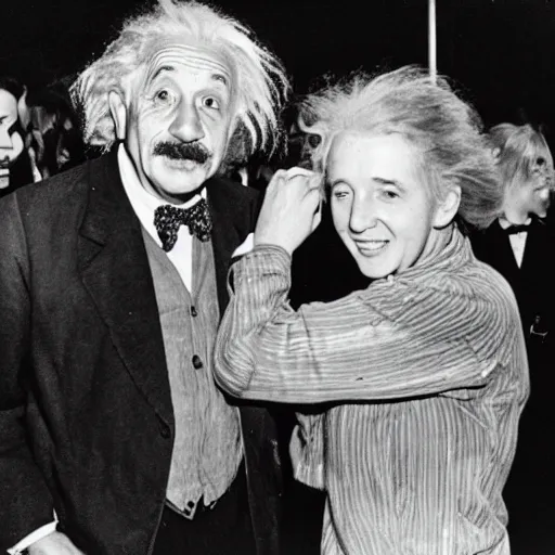 Image similar to Albert Einstein at a rave dancing with beautiful women, 35mm film