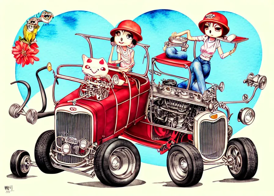 Image similar to cute and funny, margay riding in a tiny 1 9 2 3 ford t - bucket with oversized engine, ratfink style by ed roth, centered award winning watercolor pen illustration, isometric illustration by chihiro iwasaki, edited by range murata, tiny details by artgerm and watercolor girl, symmetrically isometrically centered