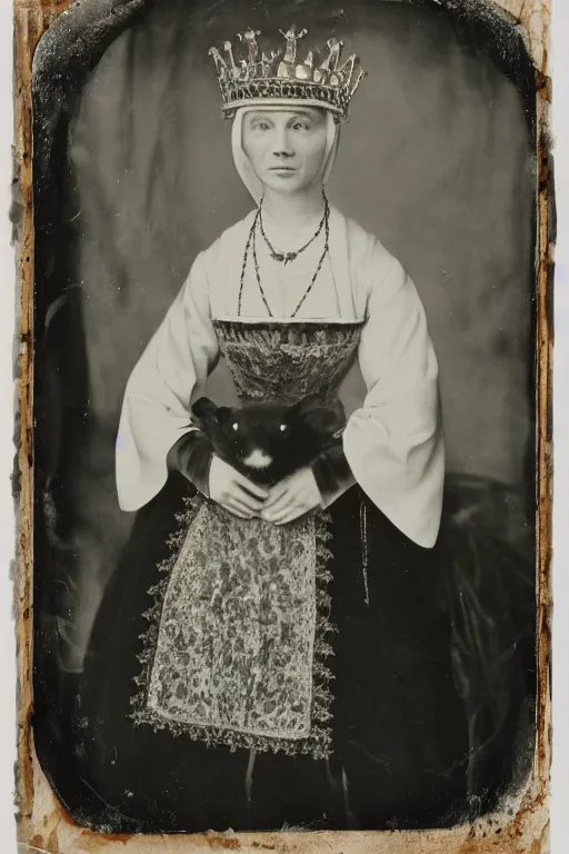 Image similar to a wet plate photo of a ferret dressed as anne boleyn, wearing a crown, wearing a robe