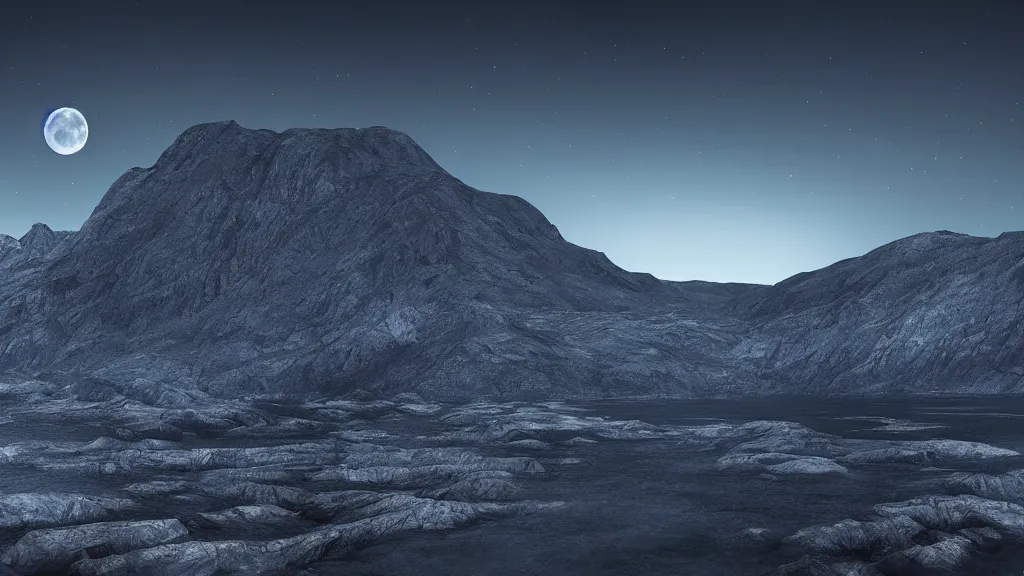 Image similar to a night view of the full moon above fjords, dark, very dark, blue, almost black, dark, dark, dark, dark, moon on the right, moon on the right, moon located on the right, the moon is on the right side, matte painting, concept art, 4 k