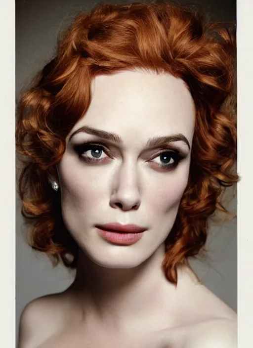 Prompt: portrait of beautiful christina hendricks and keira knightley hybrid by mario testino, headshot, detailed, award winning, sony a 7 r