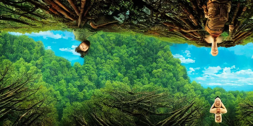 Image similar to a very high resolution image from a new movie, upside - down building, forest, sea, sky, mirror, beautiful scenery, photorealistic, photography, directed by wes anderson