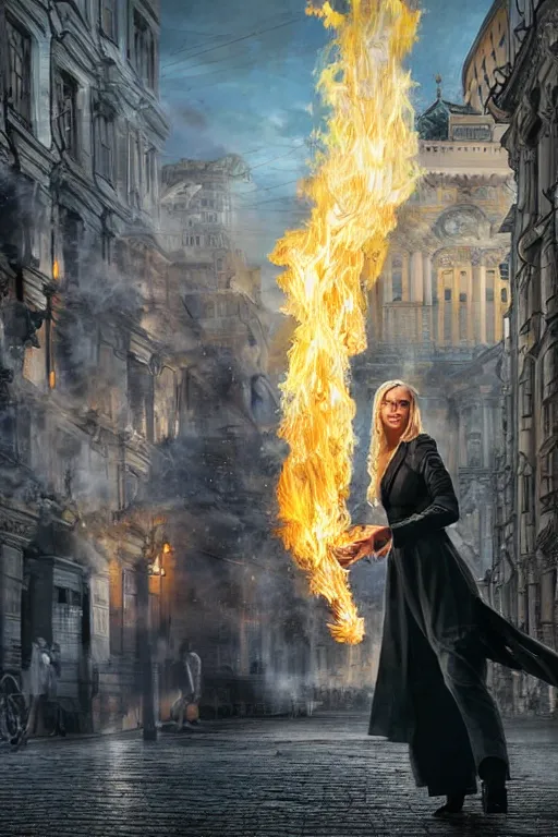 Image similar to in the foreground a street of Saint Petersburg, in the background a blond woman spitting flames with her hands wearing a long jacket like a matrix, realistic, high definition, many details, dramatic scene, detailed and realistic hands, symmetrical face, eyes realistic, art of D&D
