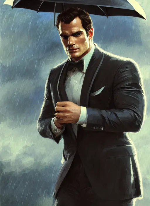 Image similar to portrait of henry cavill as james bond, casino, rain, aston martin, highly detailed, digital painting, artstation, concept art, cinematic lighting, sharp focus, illustration, by gaston bussiere alphonse mucha