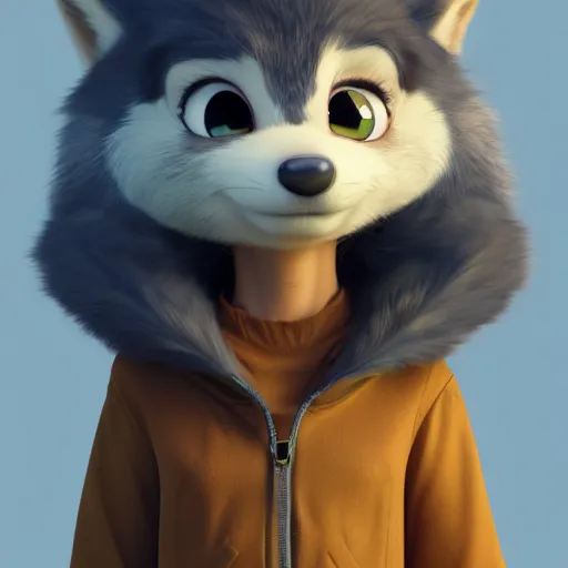 Image similar to portrait character design a young cute fluffy wolf girl, style of maple story and zootopia, 3 d animation demo reel, portrait studio lighting by jessica rossier and brian froud and gaston bussiere