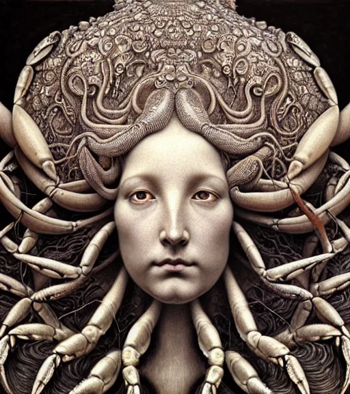 Image similar to detailed realistic beautiful crab goddess face portrait by jean delville, gustave dore, iris van herpen and marco mazzoni, art forms of nature by ernst haeckel, art nouveau, symbolist, visionary, gothic, neo - gothic, pre - raphaelite, fractal lace, intricate alien botanicals, ai biodiversity, surreality, hyperdetailed ultrasharp octane render