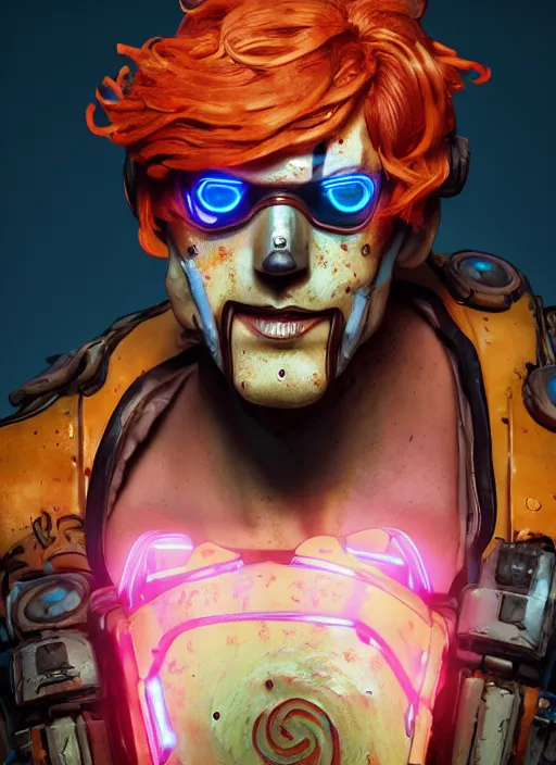 Image similar to glowwave portrait of curly orange hair man from borderlands 3, au naturel, hyper detailed, digital art, trending in artstation, cinematic lighting, studio quality, smooth render, unreal engine 5 rendered, octane rendered, art style by klimt and nixeu and ian sprigger and wlop and krenz cushart.