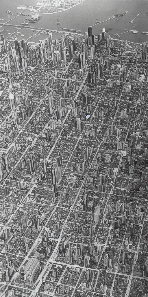 Image similar to high detail intaglio of toronto in the 1 9 7 0 s, aerial photography, 8 k hdr.