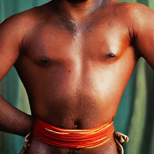 Prompt: color photo, closer up portrait of indian kushti wrestler by richard avedon, realistic, Leica, medium format, cinematic lighting, parallax, high resolution,