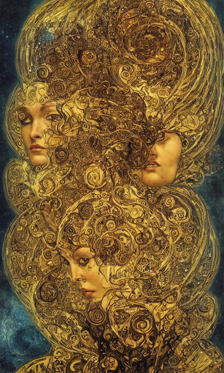 Image similar to Divine Chaos Engine portrait by Karol Bak, Jean Deville, Gustav Klimt, and Vincent Van Gogh, sacred geometry, visionary, mystic, fractal structures, ornate gilded medieval icon, spirals