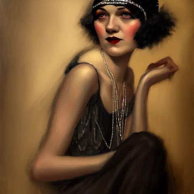 Image similar to 1 9 2 0 s woman in a flapper portrait, atmospheric lighting, painted, intricate, ultra detailed by leesha hannigan, thierry doizon, kai carpenter, well composed, best on artstation, cgsociety, epic, stunning, gorgeous, intricate detail, wow, masterpiece