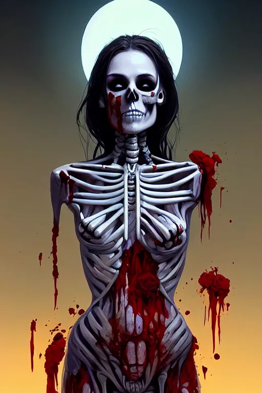 Prompt: extremely beautiful panting of goddess of the realm of the dead, half woman half skeleton, covered with blood, surrounded by skeletons, extremely high detailed face, artstation, by ilya kuvshinov, greg rutkowski and makoto shinkai, trending on artstation