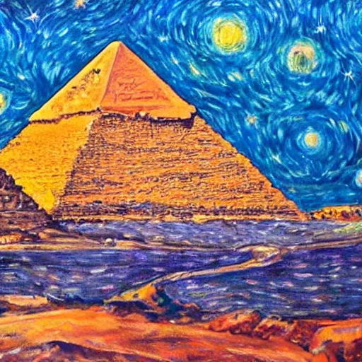 Image similar to painting of pyramids of Giza in style of starry night