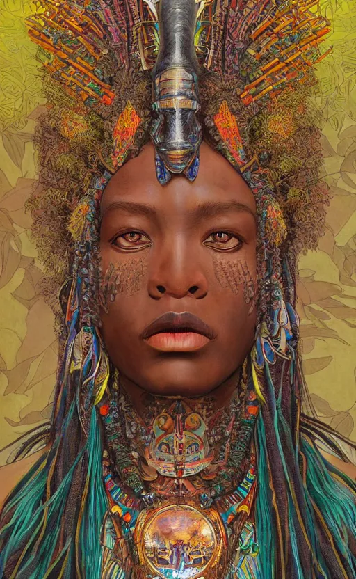 Image similar to upper half portrait of retro futuristic african tribal chief - embellished with vegetation and iridescent crystals, art by cheng, hsiao - ron & alphonso mucha, colouring by zdzisaw beksinski, highly detailed, digital painting, airbrush, concept art, illustration, smooth sharp focus, intricate, symmetry, artstation, colourful,