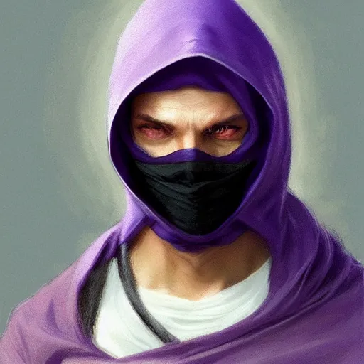 Image similar to ultra realistic illustration, man in a black hood, in a striped purple balaclava, mysterious, highly detailed, digital painting, artstation, concept art, smooth, sharp focus, illustration, art by artgerm and greg rutkowski and alphonse mucha