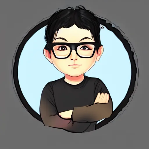 Prompt: portrait of a round headed boy with black hair and round glasses, digital art, trending on artstation, chibi