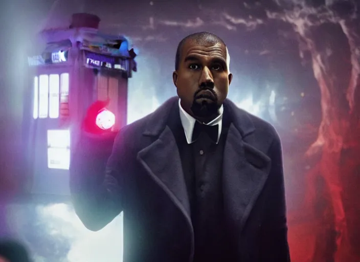 Prompt: kanye west as the doctor! with red bowtie!! in doctor who, doctor who, tardis!! tardis! movie still, detailed face, cinematic lighting, ray tracing, octane render, long lens, shallow depth of field, bokeh, anamorphic lens flare, 8 k, hyper detailed, 3 5 mm film grain