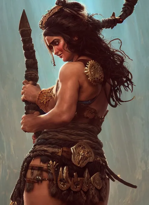 Image similar to salma hayek as a barbarian warrior, hyper detailed, digital art, trending in artstation, cinematic lighting, studio quality, smooth render, unreal engine 5 rendered, octane rendered, art style by klimt and nixeu and ian sprigger and wlop and krenz cushart.