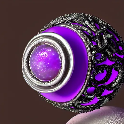 Image similar to silver ring with a purple pearl, extra terrestrial, magical, intricate, hyper detailed, octane render, 4k, 8k, photorealistic, fill light