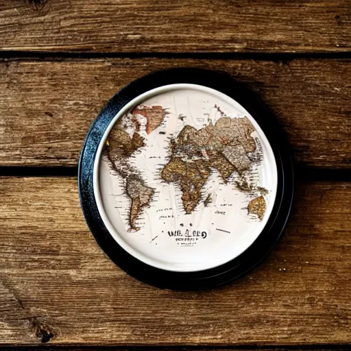 Prompt: Photo of the world map drawn in a cup of coffee sitting over a wooden table, award-winning, 35mm camera, amazing, pinterest