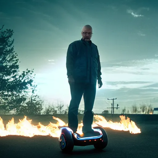 Image similar to Film still of Walter White standing on a hoverboard with several burning buildings behind him, centered, cinematic lighting, highly detailed, 8k
