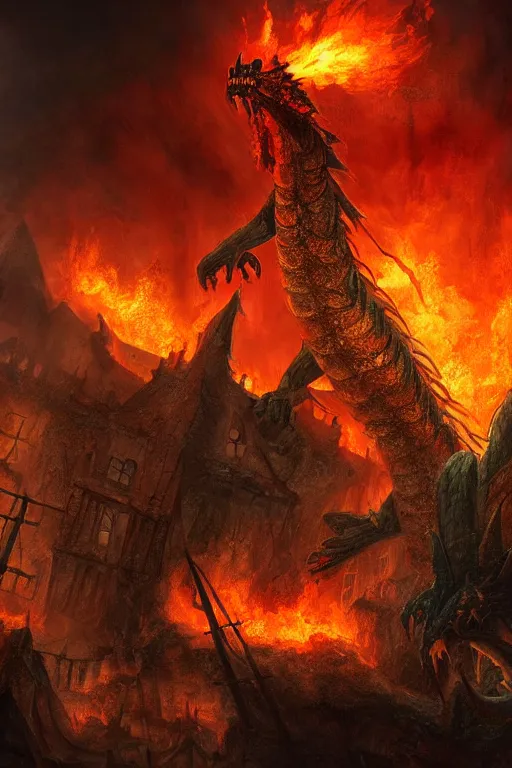 Prompt: a medieval village being attacked by a giant fire dragon, digital art, high quality, 4k HDR, concept art, trending on DeviantArt, highly detailed, tarot card, fantasy style, dramatic lighting, cinematic, path tracing, low contrast