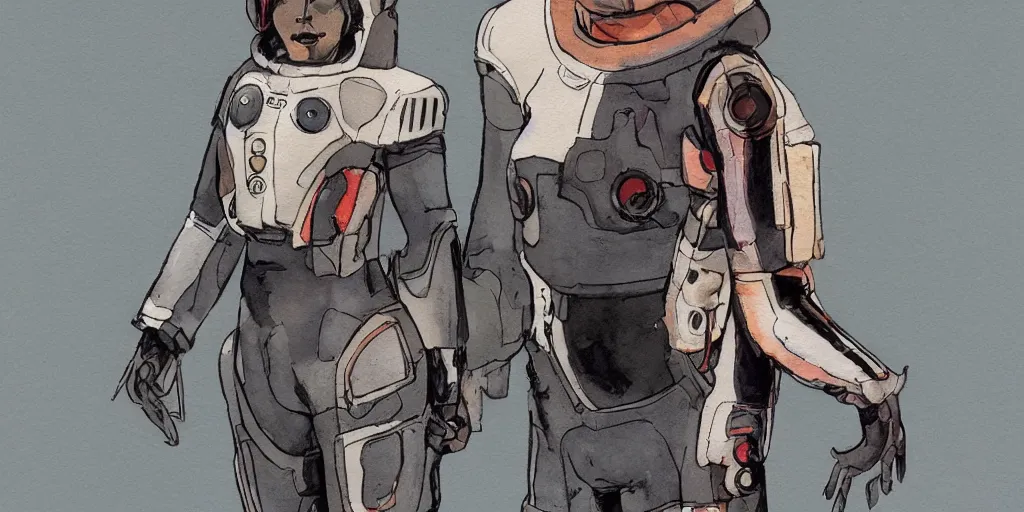 Image similar to female, full body, wide shot, modern space suit, intriguing helmet, stylized character design, the expanse tv series, large shoulders, short torso, long thin legs, tiny feet, science fiction, hyperdetailed, technical suit, dieselpunk, watercolor digital painting, in the style of mike mignola, by alex maleev