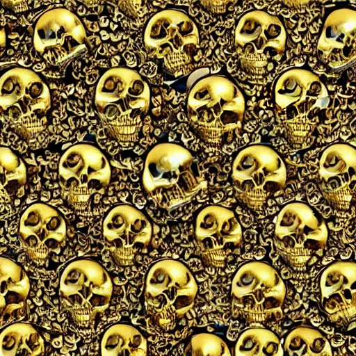 Prompt: many gold skulls with flowers and jewerly, ornate, elegant, intricate, royal, highly detailed, 4 k, hd, digital art