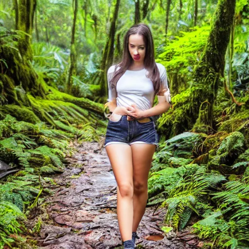 Image similar to a beautiful young woman with short shorts on walking through a rain forest, highly detailed, photograph, award winning, 8k, natural, natural lighting, natural beauty