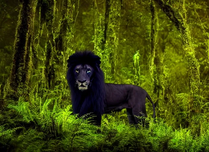 Image similar to professional wildlife photograph of a black lion standing in a dark jungle at night, surrounded by dense trees, moss, ferns, volumetric lighting, apex predator, natgeo