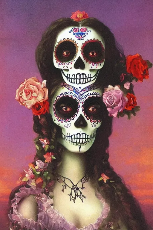 Prompt: illustration of a sugar skull day of the dead girl, art by Ivan Aivazovsky