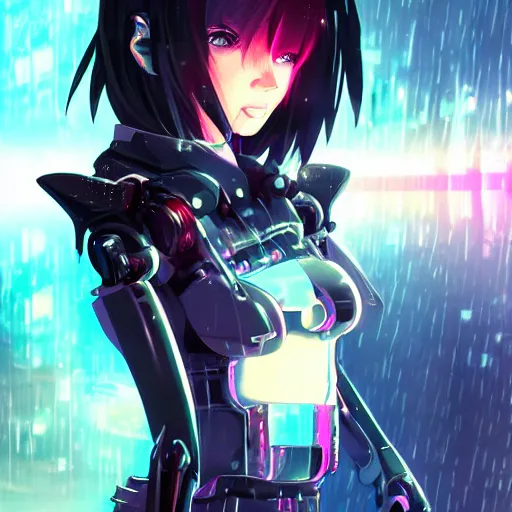 Image similar to full body!!!, digital dark cyberpunk anime!!, shattered beautiful cyborg - girl in the style of arcane!!!, lightning, raining!!, water refractions!!, black long hair!, colorful reflective eyes, full round face!, biomechanical details, mid - shot, reflections, wlop, ilya kuvshinov, artgerm