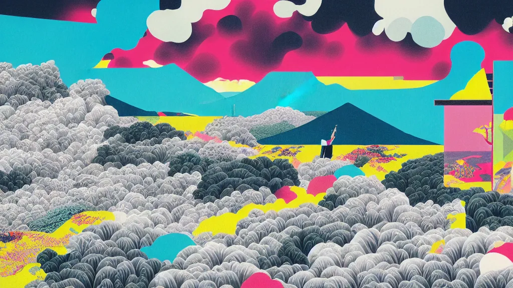 Image similar to dramatic landscape of okinawa prefecture, japan, a collage painting, in the style of wes anderson, lola dupre, okuda, david hockney, isolated on negative white space background dark monochrome neon fluorescent spraypaint accents volumetric octane render