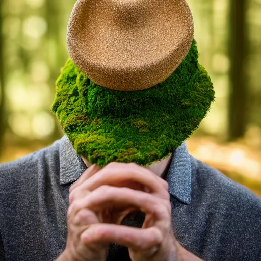 Image similar to portrait of a man with hat made of moss, 4k, full shot, high details, natural light, Forrest in background