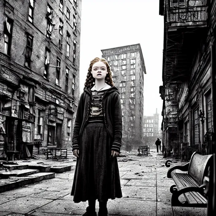 Image similar to mid shot of sadie sink in hoodie sits on bench in ruined square, pedestrians walk by | steampunk tenement windows in background : storyboard, scifi cyberpunk. by gabriel hardman. cinematic atmosphere, detailed and intricate, perfect anatomy