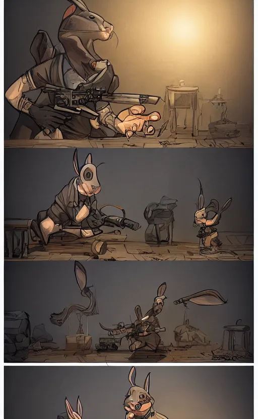 Image similar to rabbit as a hitman, dynamic lighting, fantasy concept art, trending on art station, stunning visuals, creative, cinematic, ultra detailed, comic strip style